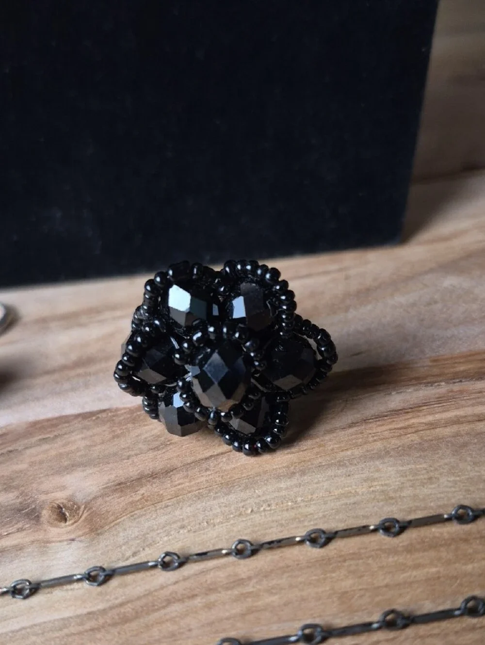 Source Unknown Black Beaded Drop Necklace with Matching Ring and Earrings